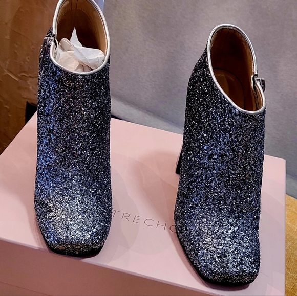 L'Autre Chose Sequin Glitter Ankle Boots, Mirror Chrome Two Toned Stacked  Heels - Picture 7 of 17